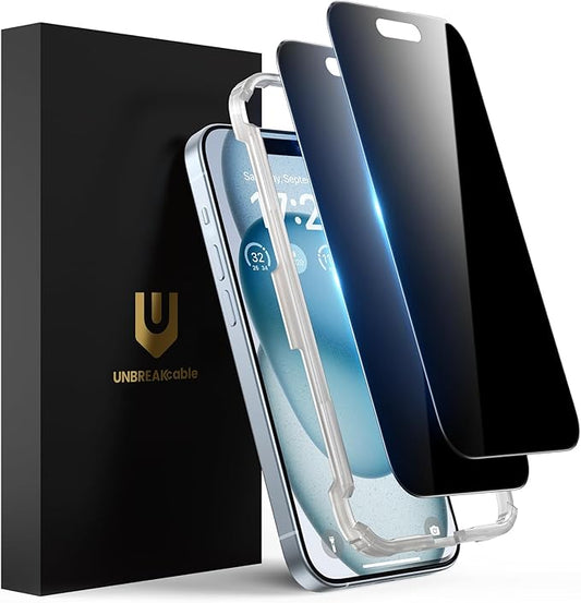 UNBREAKcable Privacy Screen Protector for iPhone 15, Anti-Spy Shatterproof Tempered Glass [True 28°Anti Spy] [9H Hardness] [Easy Installation Frame] Black Protector for iPhone 6.1" - 2 Pack