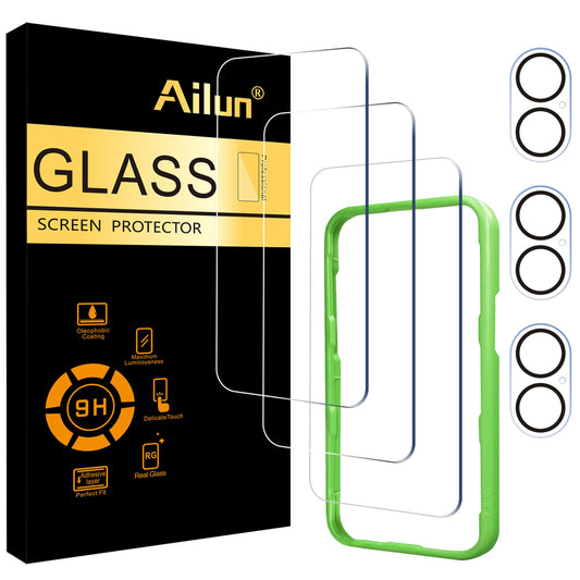 Ailun 3 Pack Screen Protector for iPhone 17 Pro [6.3 inch] + 3 Pack Camera Lens Protector with Installation Frame,Sensor Protection,Dynamic Island Compatible,Case Friendly Tempered Glass Film
